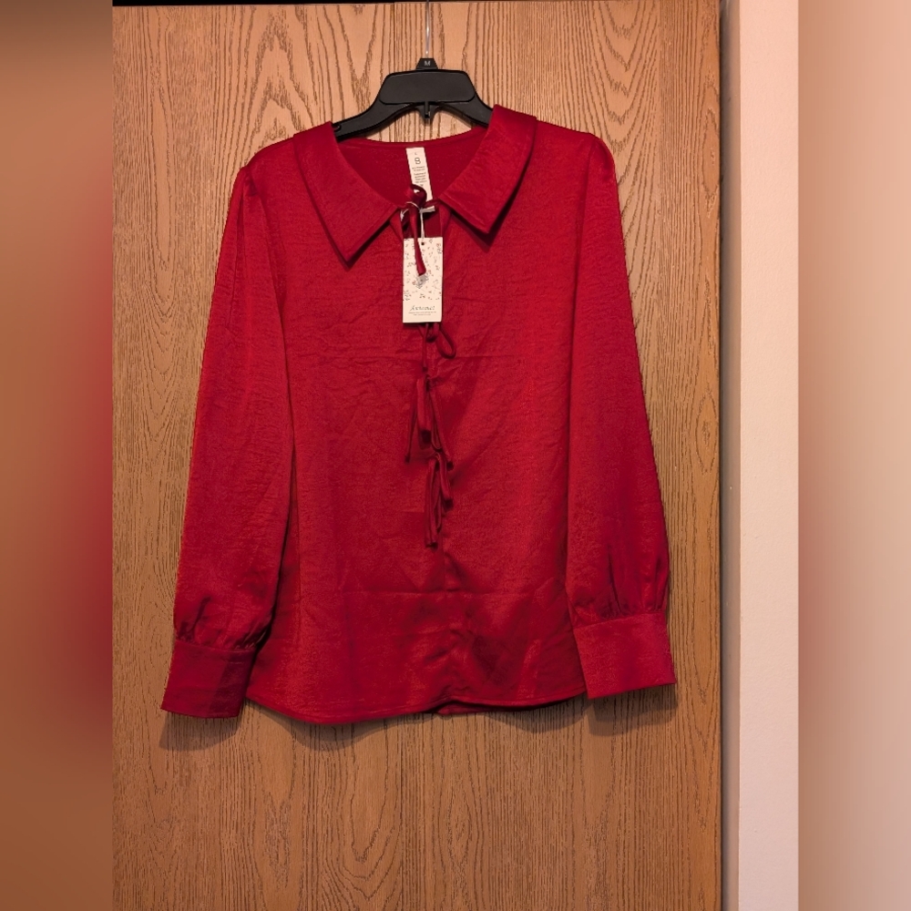 Chic Wine Red Satin Blouse with Bow Detail